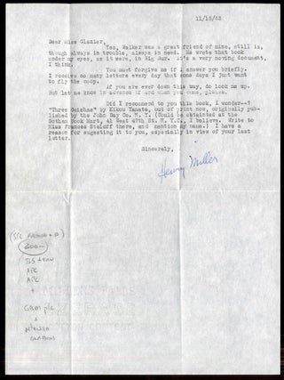 Item #041639 Correspondence with Henry Miller with a Typed Letter Signed. Miller Henry