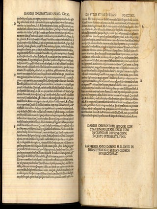 Tomus Quintus (-VI): Ioannis Chrysostomi Episcopi Constantinopolitani, habet Homilias LXXX. Ad populum Antiochenum potissimum habitas, Bernardo Brixiano Interprete, quarum argumenti copendiu vide pagina sequenti. Tomus VI: Continens, Homilias XLV. De dignitate sacerdotali Li. VI. De compunctione cordis Li. II. De reparatione lapsi Li. vnicum. De prouidentia dei Li. III. Sermones XXXVI. Quorum omnium argumenta comperies pagina sequenti