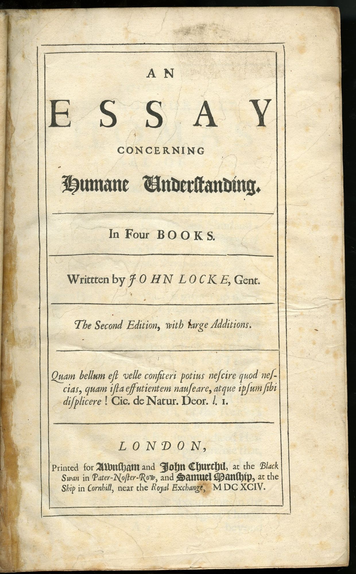 An Essay Concerning Humane Understanding. The Second Edition, with ...