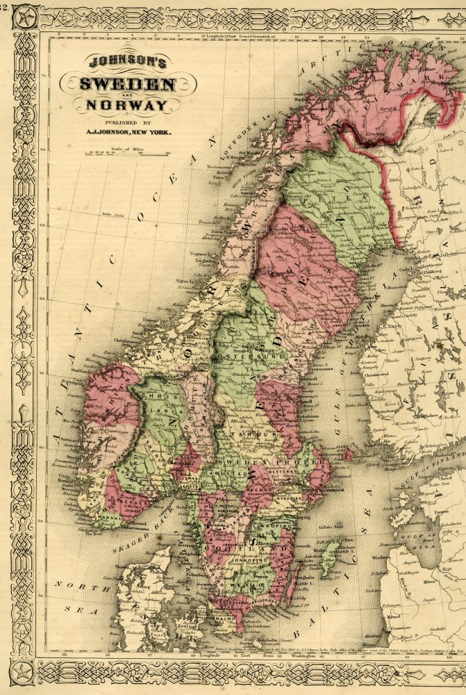 Item #044577 Map of Norway and Sweden [from johnson's new illustrated family atlas]. Johnson.