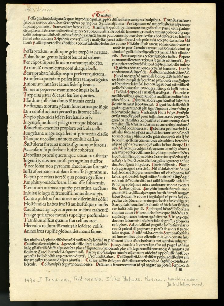 Item #044991 Puncia [incunabula leaf from the 1493 edition]. Silius Italicus.