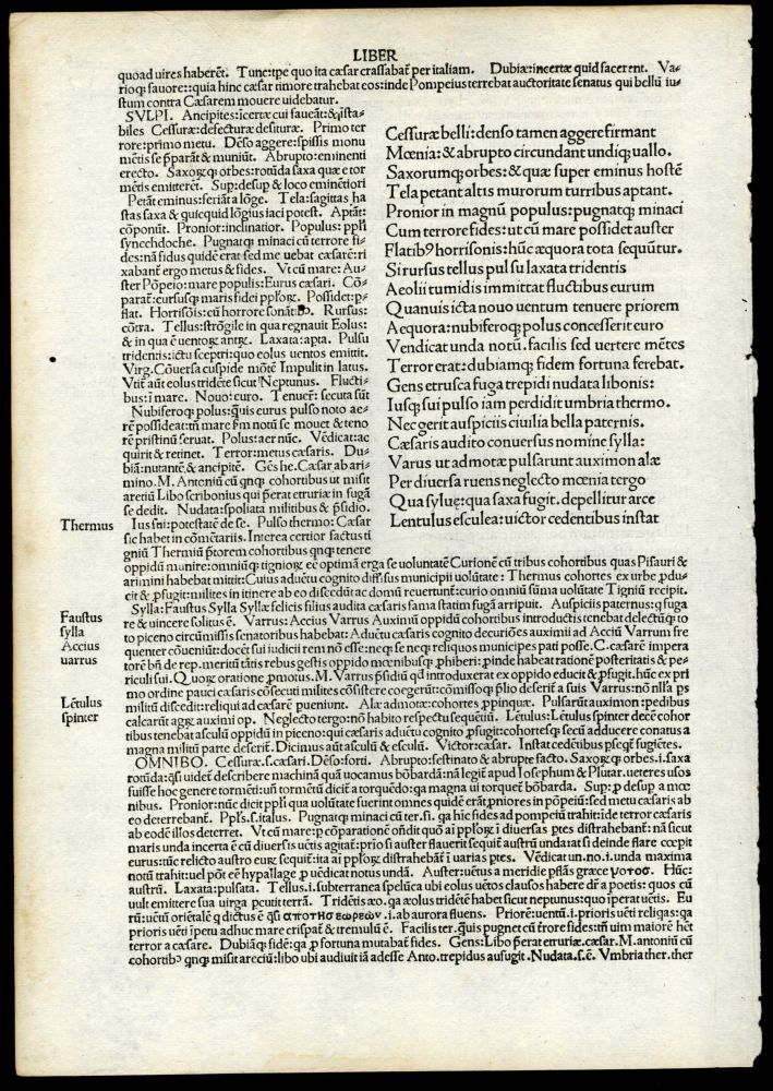 Item #044999 Pharsalia [single incunabula leaf from the 1493 edition]. Lucanus Marcus Annaeus.