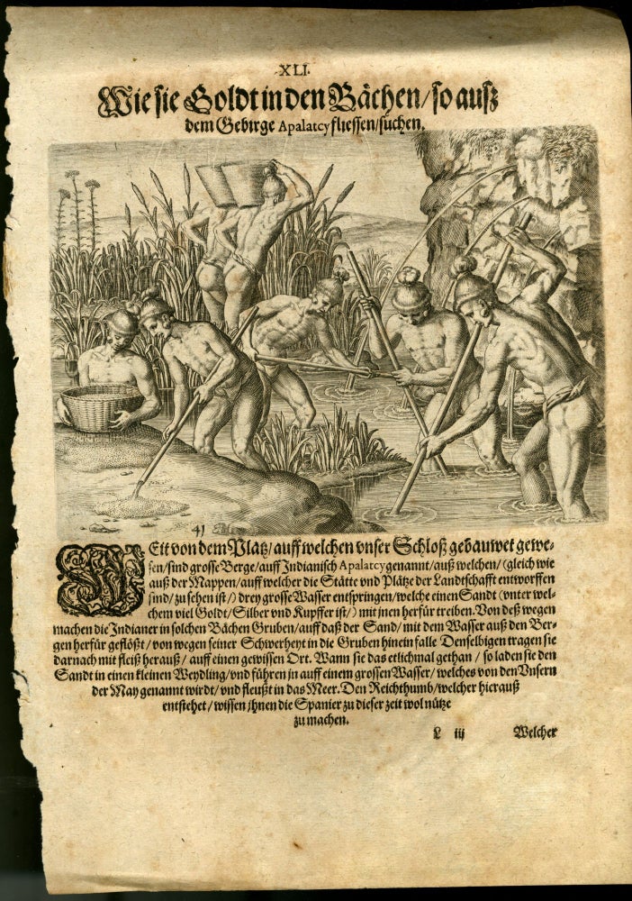 Item #046241 Engraving from a German Language Edition of Le Moyne's Brevis narratio [ca. 1591 from De Bry's "Grand Voyages to the Americas"]: XLI. Mode of Collecting Gold in Streams Running From the Apalatcy Mountains. Theodor de Bry, Jacques Le Moyne de Morgues.
