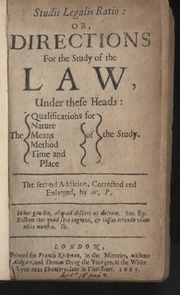 Studii legalis ratio, or, Directions for the Study of the law Under These Heads
