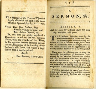 An Anniversary Sermon Preached at Plymouth, Dec. 23, 1776, in grateful Memory of the First Landing of our worthy Ancestors, in that place A.D. 1620.