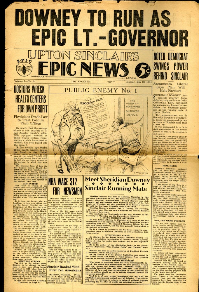 Item #046948 Upton Sinclair's End Poverty Paper, EPIC (End Poverty in California) News. Upton Sinclair.