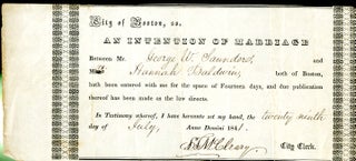 Item #047835 City of Boston Intention of Marriage 1841. George Saunder, Baldwin. Hannah