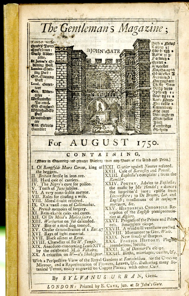 Item #047894 The Gentleman's Magazine August 1750. Sylvanus Urban.