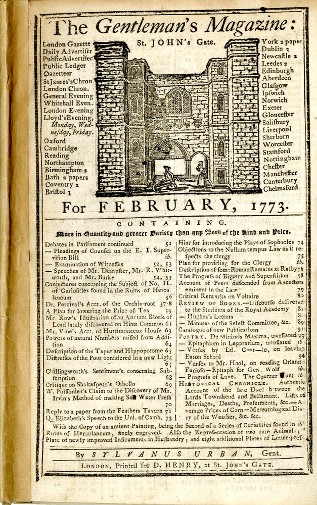 Item #047895 The Gentleman's Magazine February 1773. Sylvanus Urban.