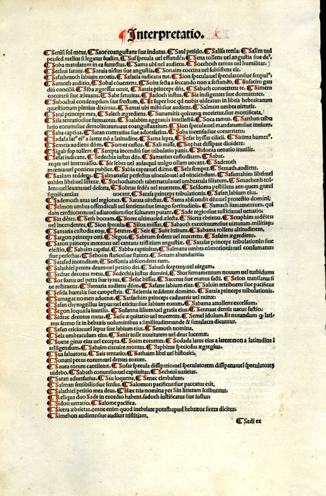 Item #048281 Biblia Sacra [with the Interpretationes nominum hebraicorum] (single incunable leaf). Jerome, Eusebius Sophronius Hieronymus.