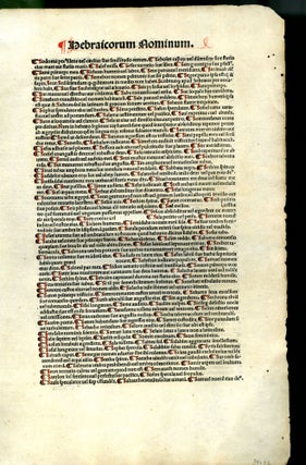 Biblia Sacra [with the Interpretationes nominum hebraicorum] (single incunable leaf)
