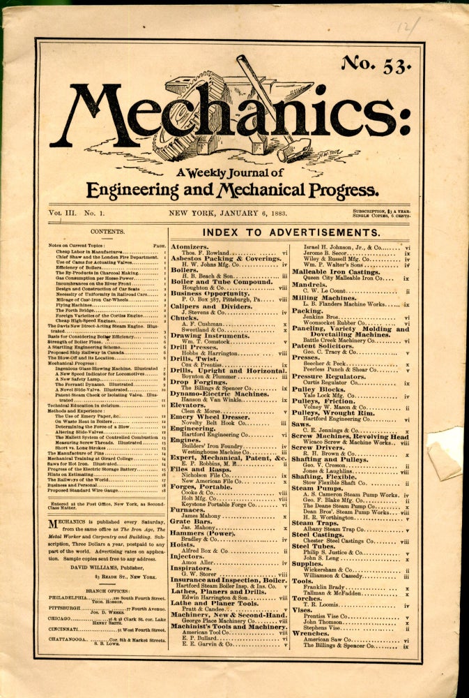 Item #048314 Mechanics: A Weekly Jornal of Engineering and Mechanical Progress No. 53, January 6, 1883. Mechanics.