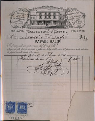 Item #048629 Mexican Billhead Receipt for Rafael Salin Clothin Shop. Rafael Salin
