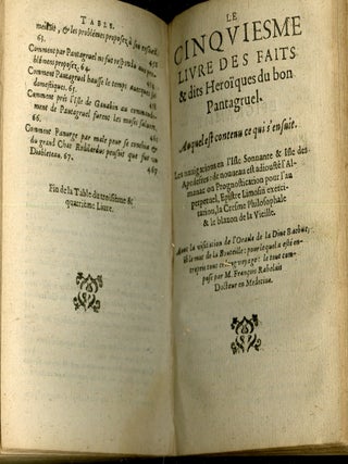 Les Oeuvres de M. François Rabelais, Docteur en Medecine, Contenant cinq livres de la vie, faits & dits, Heroiques de Gargantua & de son fils Pantagruel.