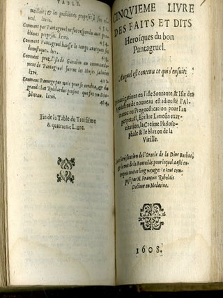 Les Oeuvres de M. François Rabelais, Docteur en Medecine, Contenant cinq livres de la vie, faits & dits, Heroiques de Gargantua & de son fils Pantagruel.