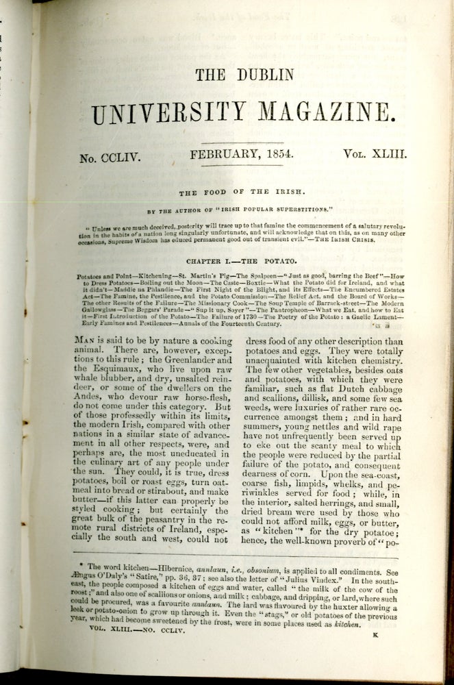 Item #CAT000810 The Food of the Irish (in The Dublin University Magazine February, 1854). William Wilde.