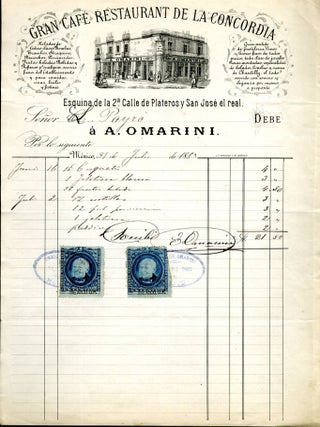Item #CAT000928 19th Century Mexican Billhead from Gran Café Restaurant de la Concordia. Gran...