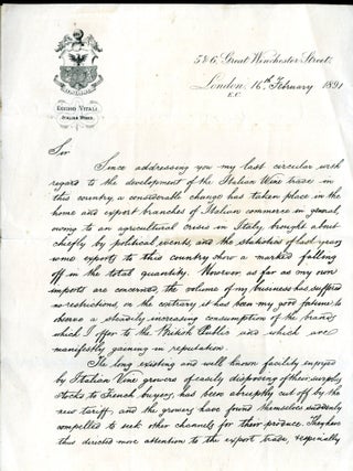 Item #CAT000932 1891 Letter regarding the development of the wine trade in England. Egidio Vitali