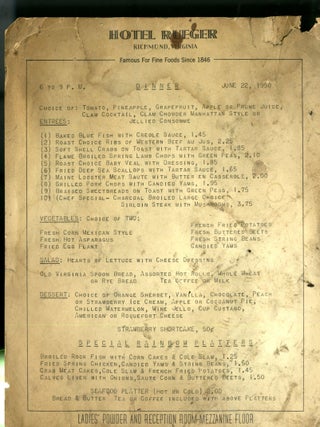 Item #CAT000934 Menu From Hotel Rueger in Richmond Virginia, June 22, 1950. Hotel Ruger